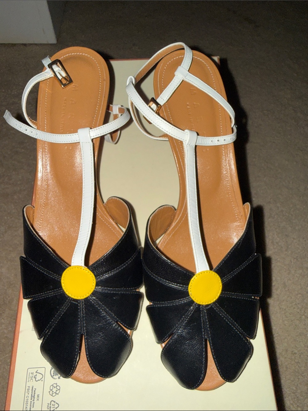 Marni Black, White & Yellow T-Strap Floral Sandals